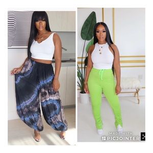 Tie Die pants and white top.